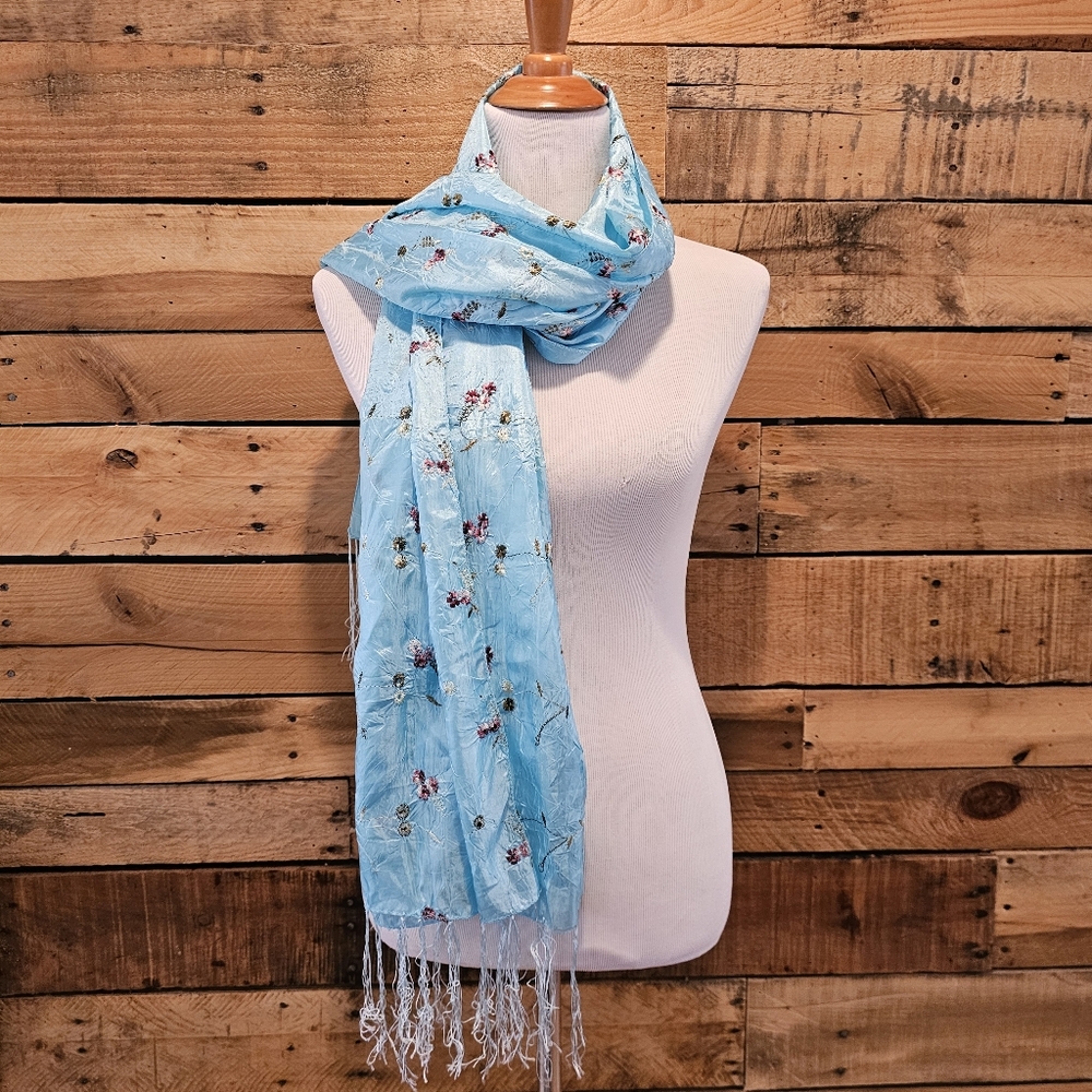 Aqua Blue Scarf/Wrap/Shawl w/ Embroidered Pink Flowers & Green Leaves 62" Long